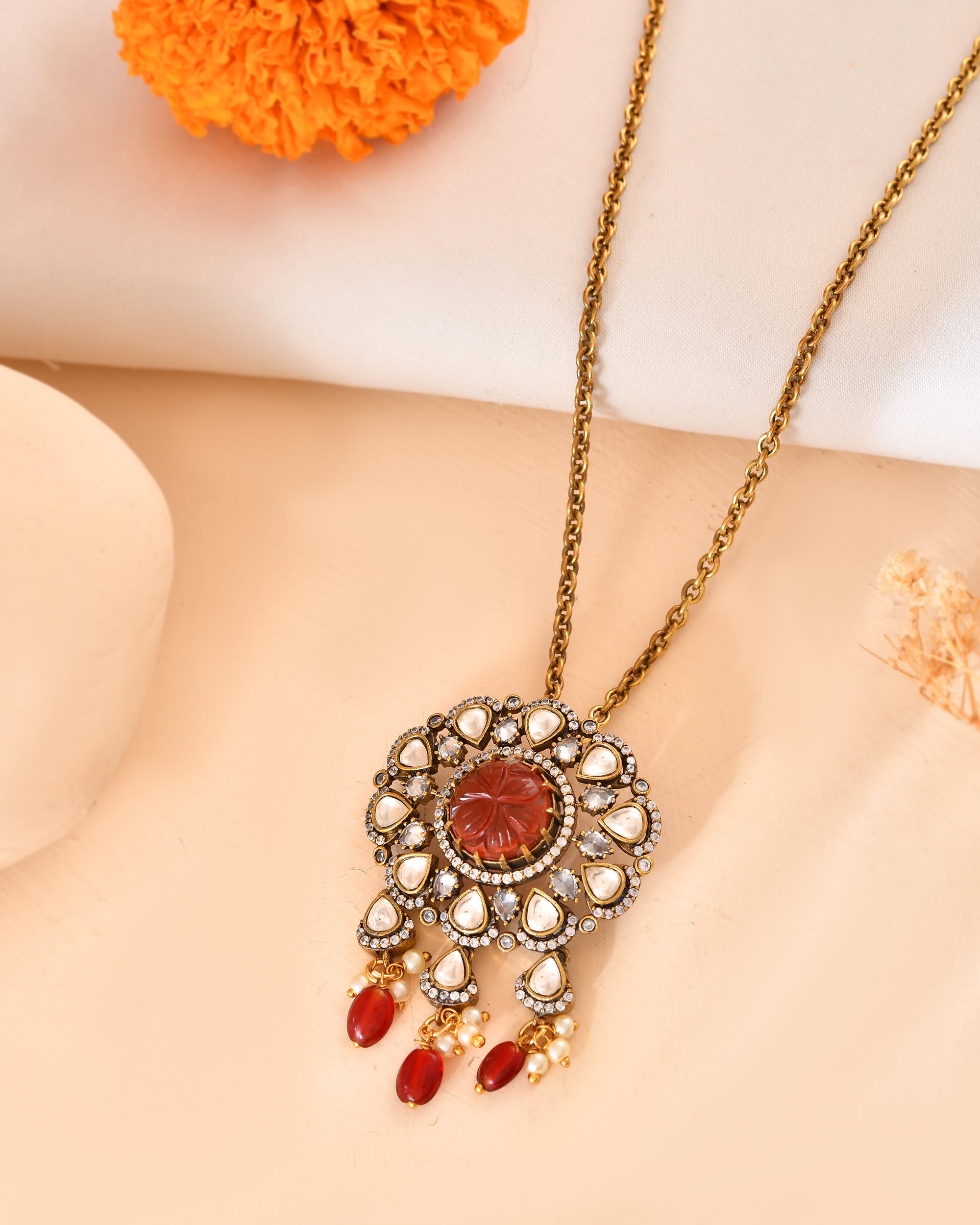 Antique Ruby Floral Necklace with Pearl Drops