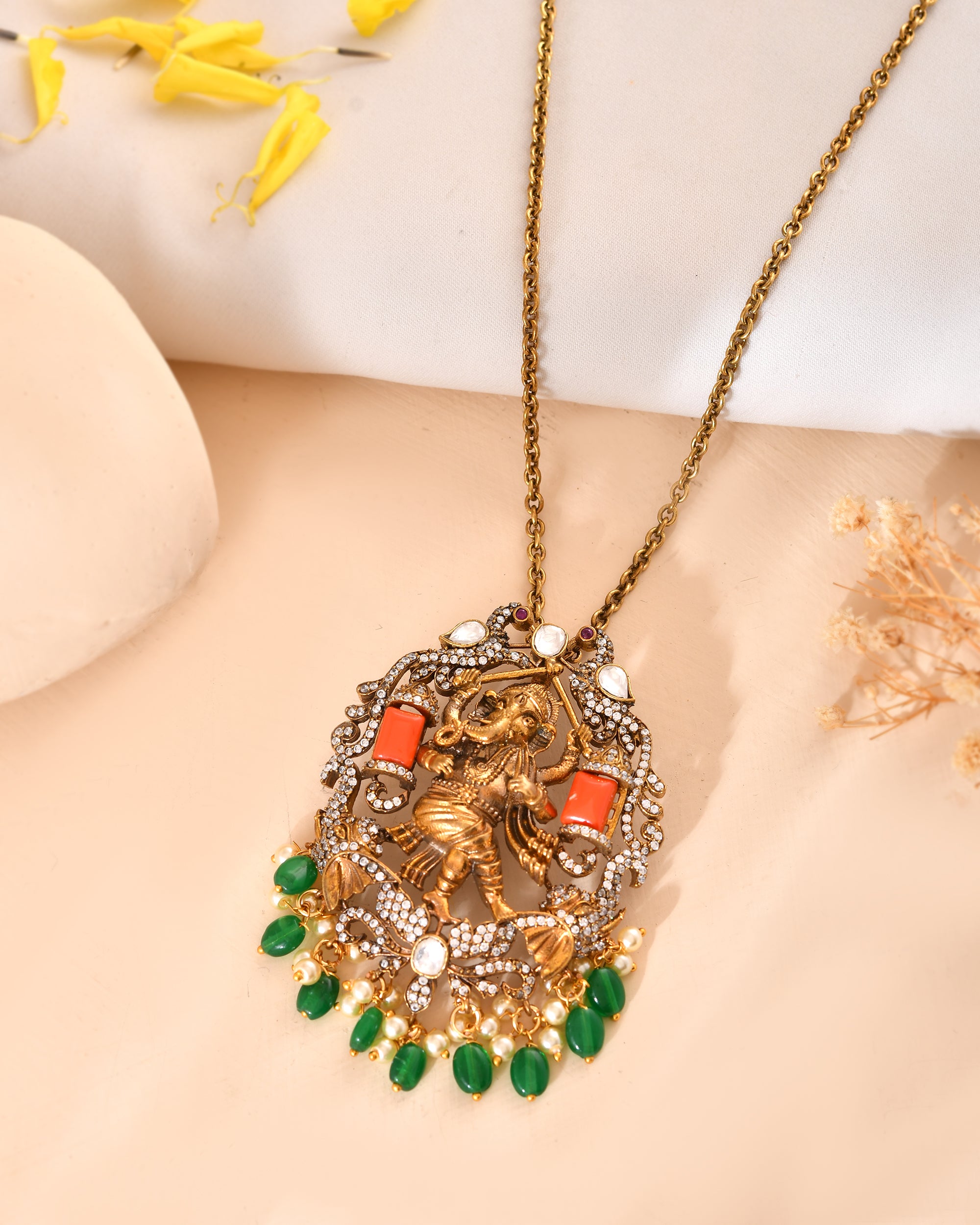 Lord Ganesha Antique Necklace with Coral Accents & Green Drops
