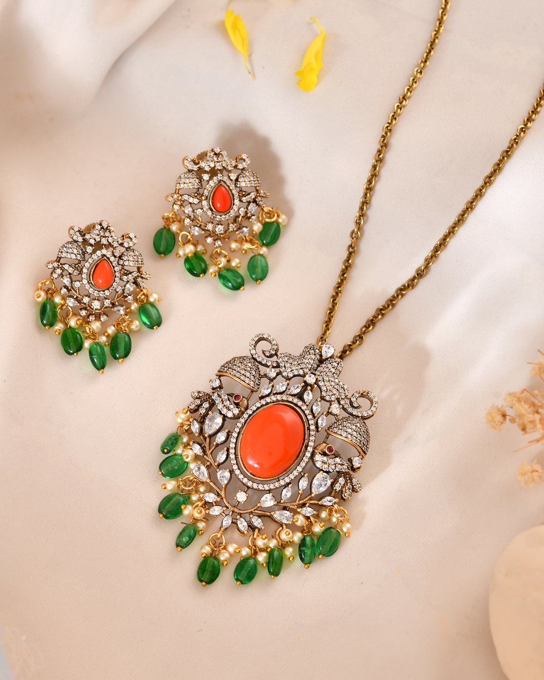 Ornate Coral Pendant Set with Green Drops
