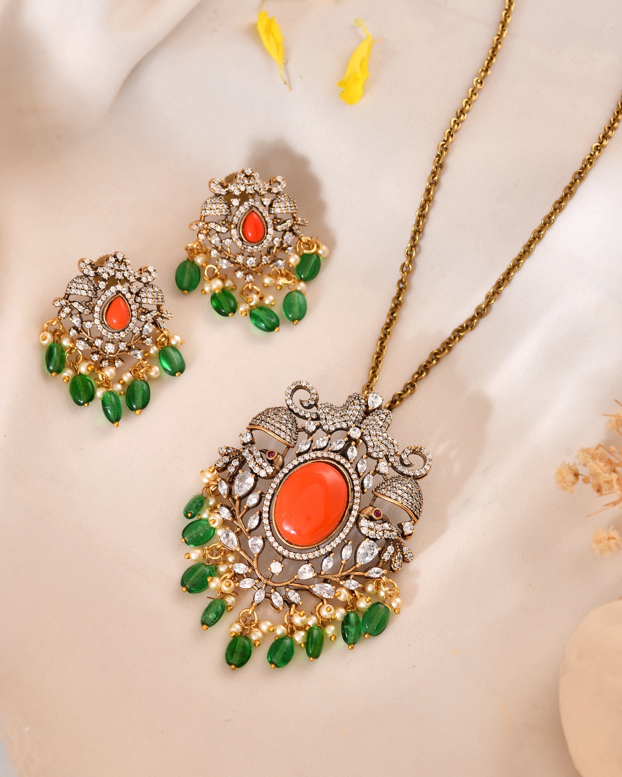 Ornate Coral Pendant Set with Green Drops