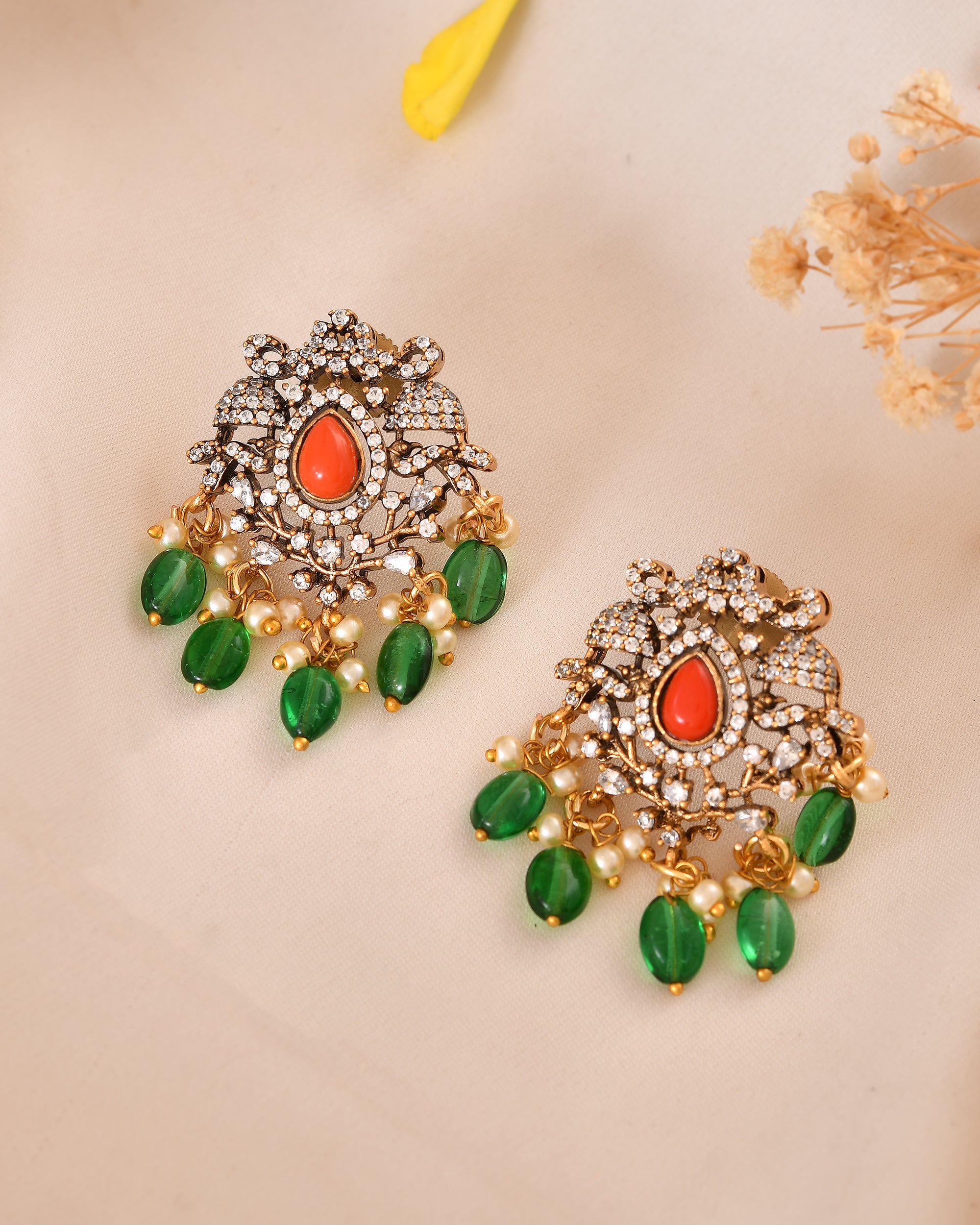 Ornate Coral Pendant Set with Green Drops