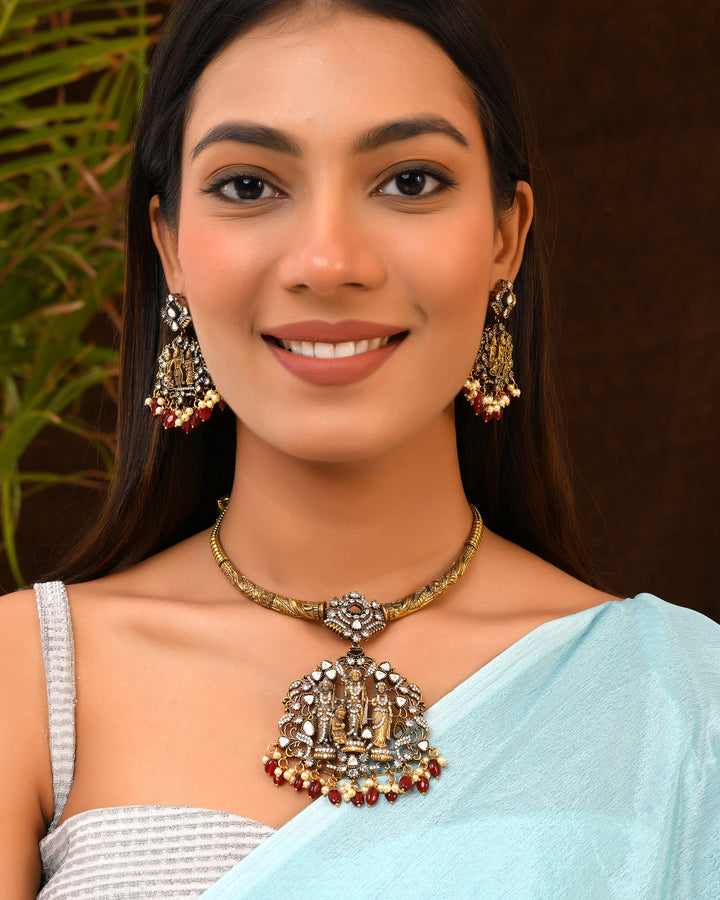 Ram Darbar Necklace Set with Red Bead Drops