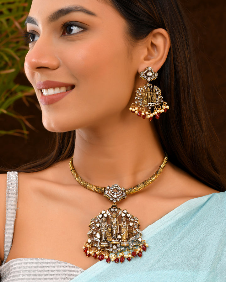 Ram Darbar Necklace Set with Red Bead Drops