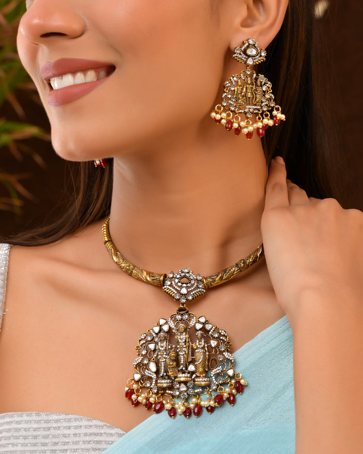 Ram Darbar Necklace Set with Red Bead Drops