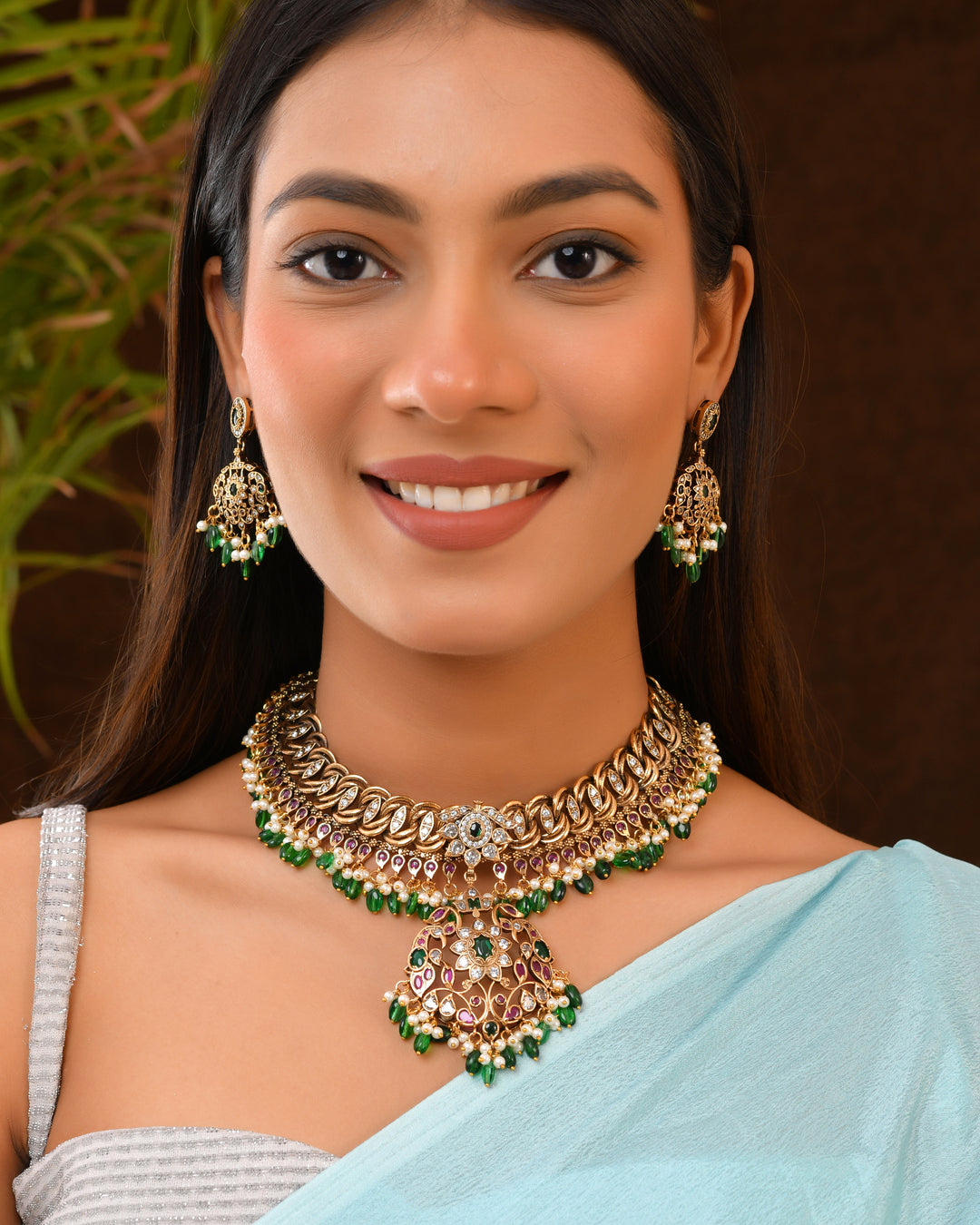 Layered Bridal Necklace Set with Green Jhumkas