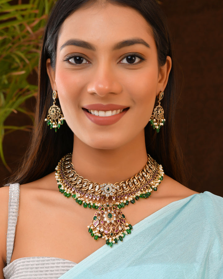 Layered Bridal Necklace Set with Green Jhumkas