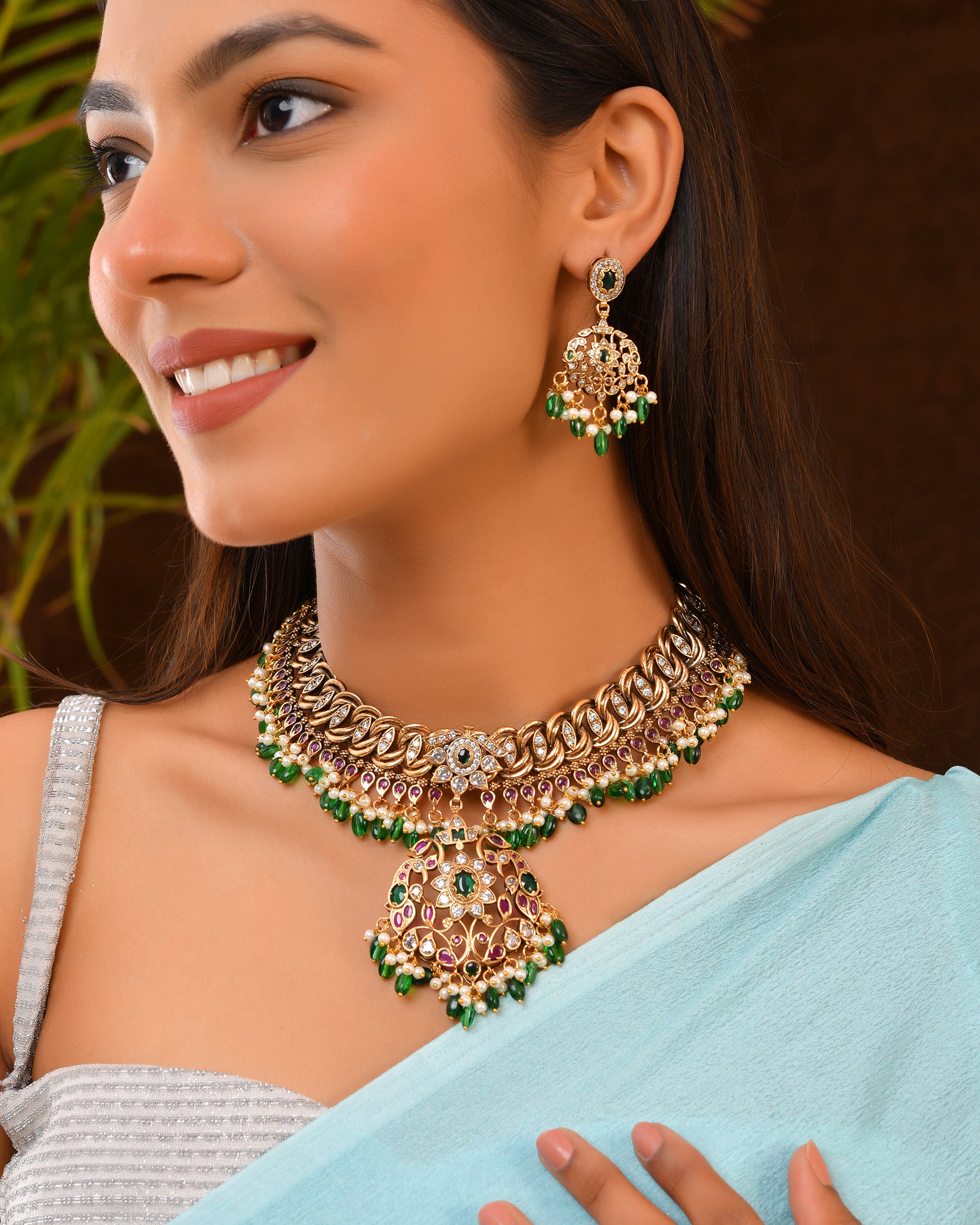 Layered Bridal Necklace Set with Green Jhumkas