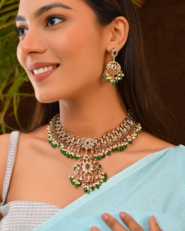 Layered Bridal Necklace Set with Green Jhumkas