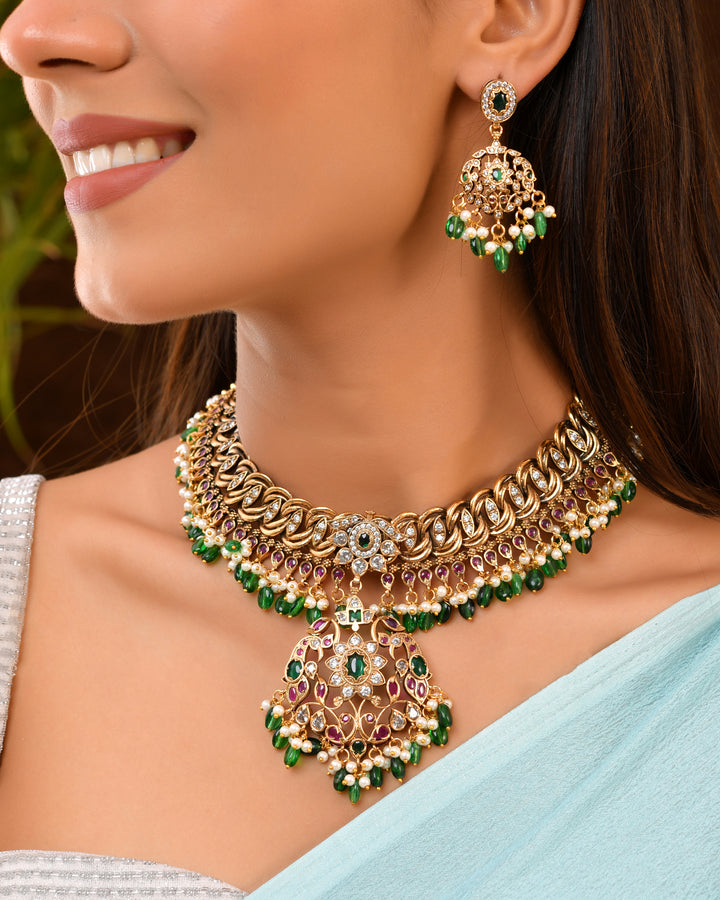 Layered Bridal Necklace Set with Green Jhumkas