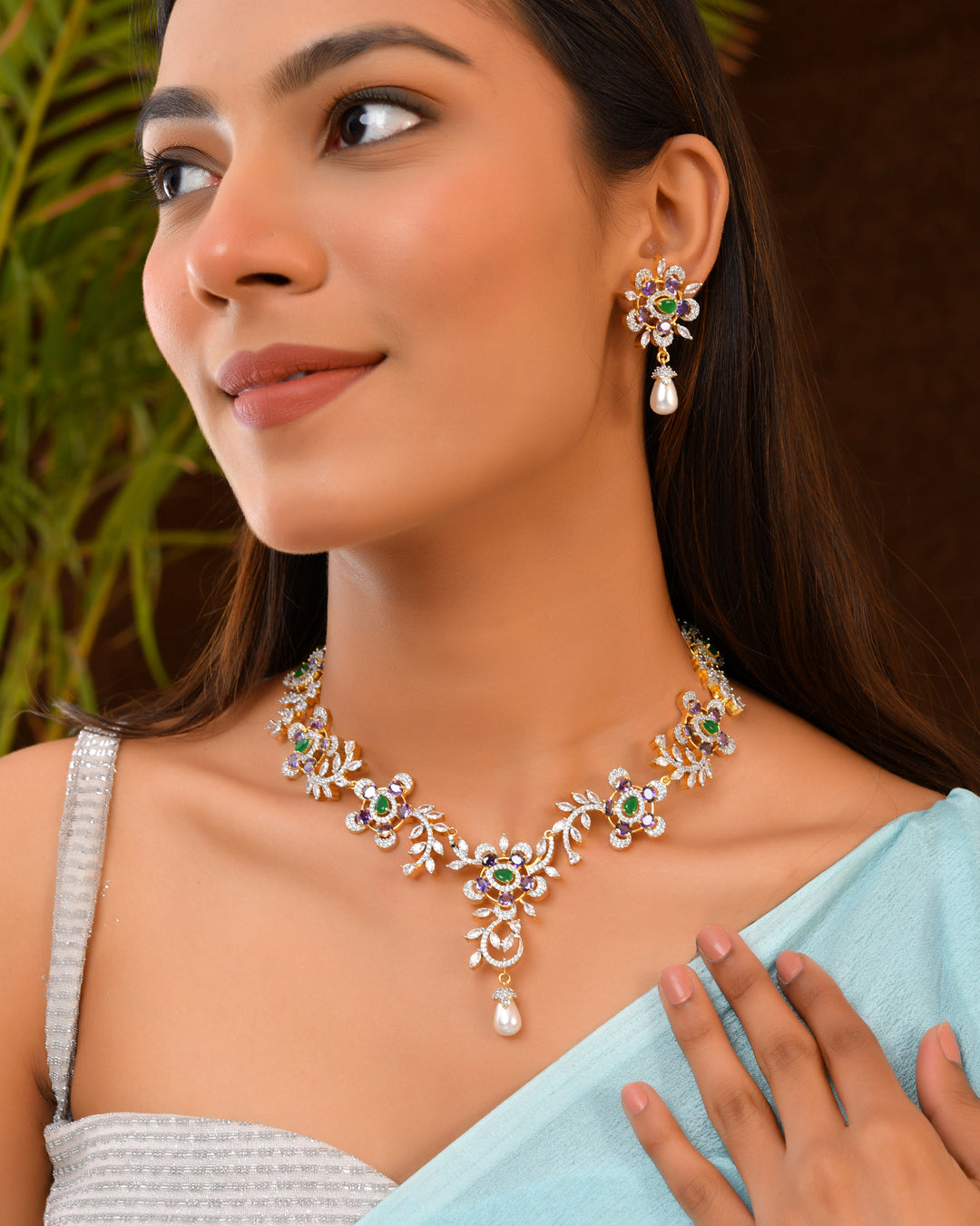Floral Crystal Necklace Set with Pearl Drops