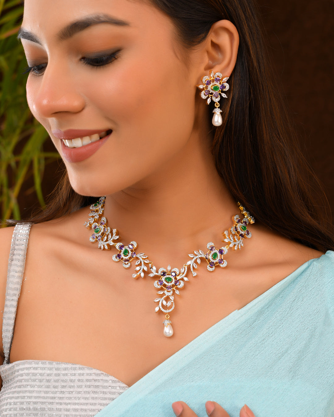 Floral Crystal Necklace Set with Pearl Drops