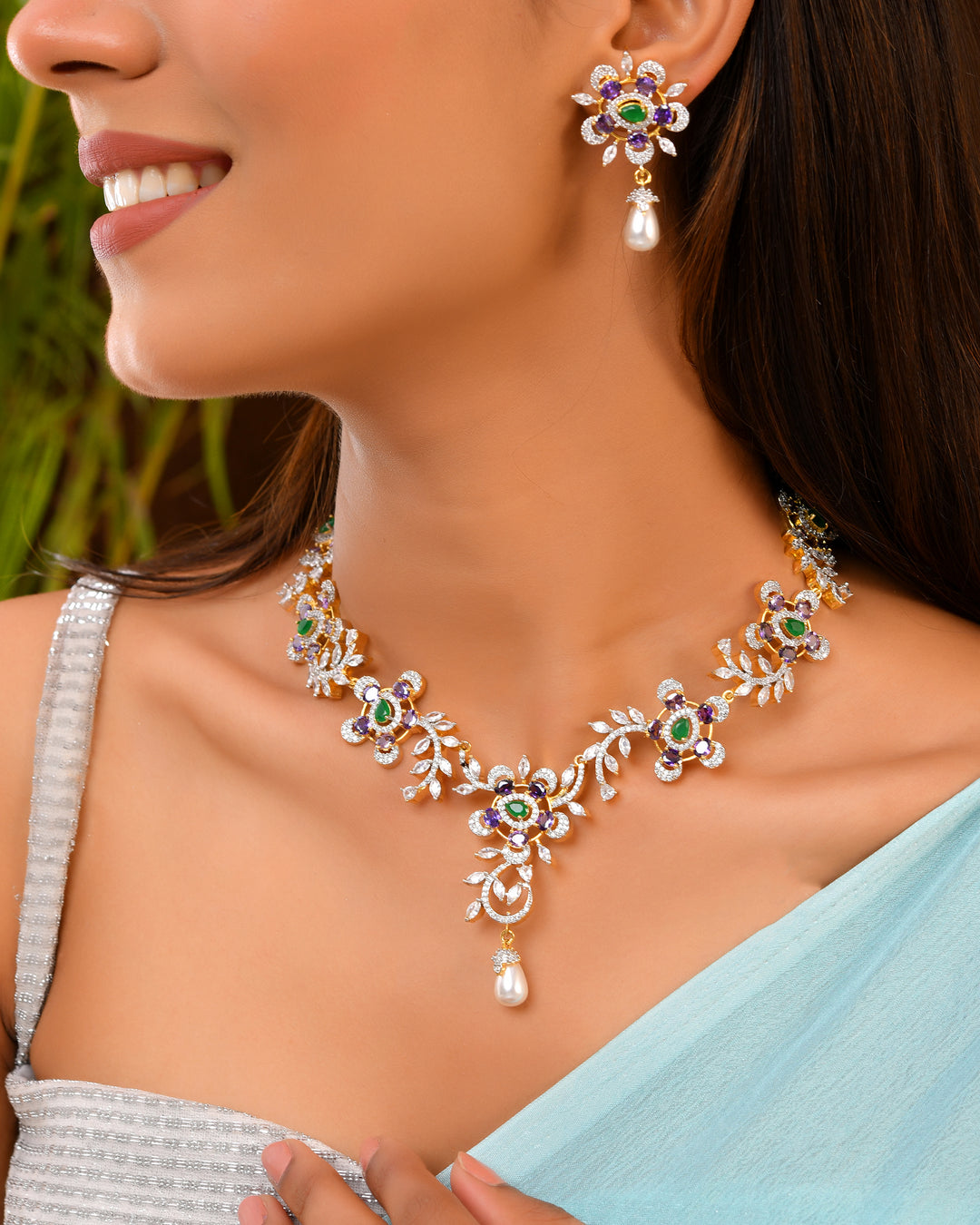 Floral Crystal Necklace Set with Pearl Drops