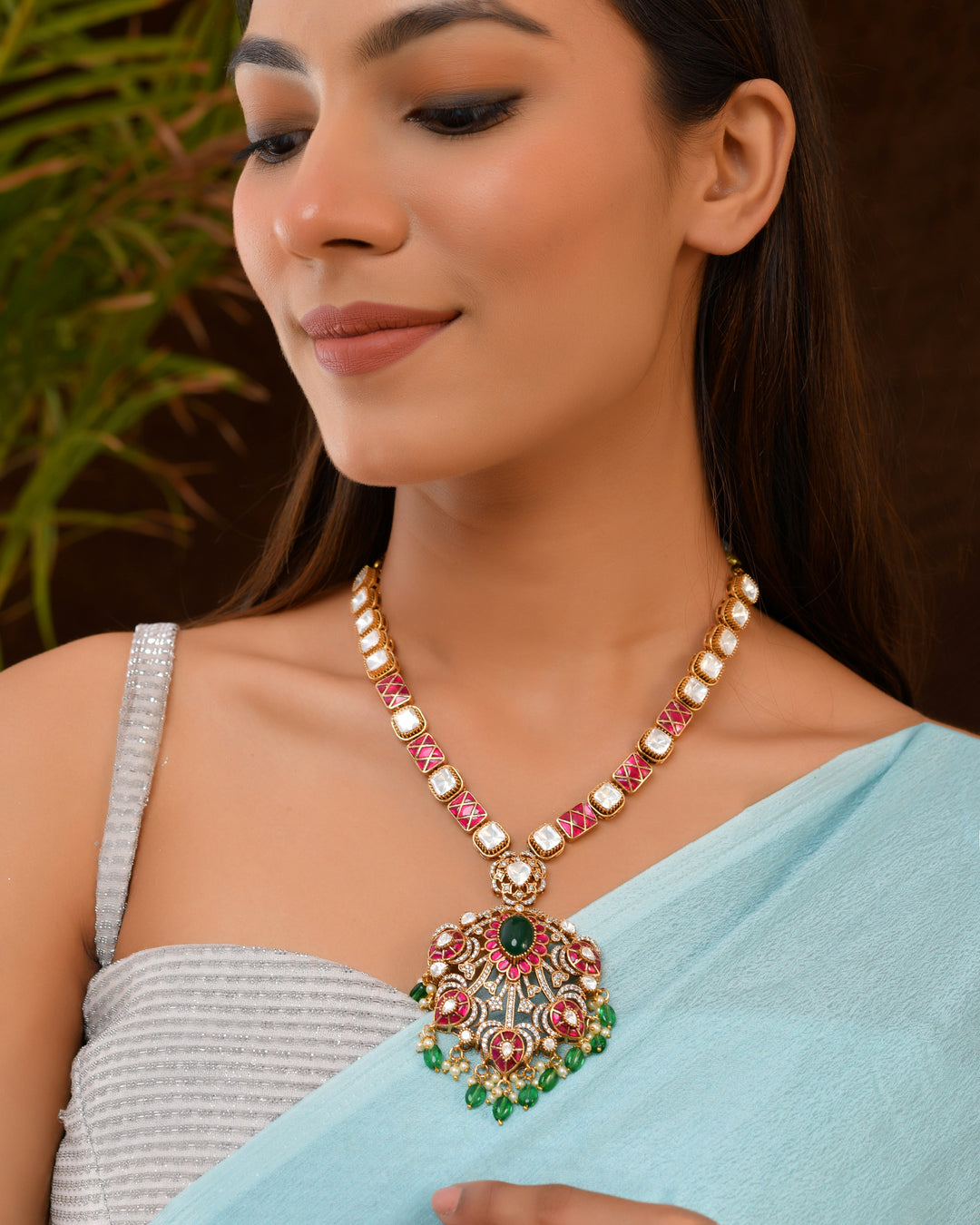 Kundan Pendant Necklace with Green & Magenta Detailing
