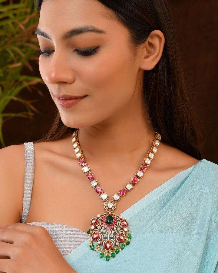 Kundan Pendant Necklace with Green & Magenta Detailing