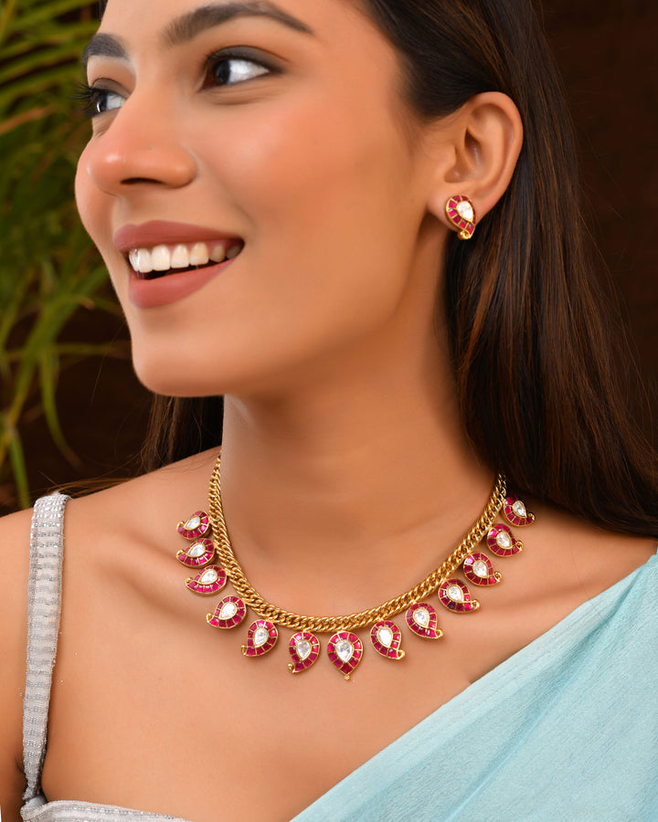 Magenta Drop Necklace Set with Mirror Finish