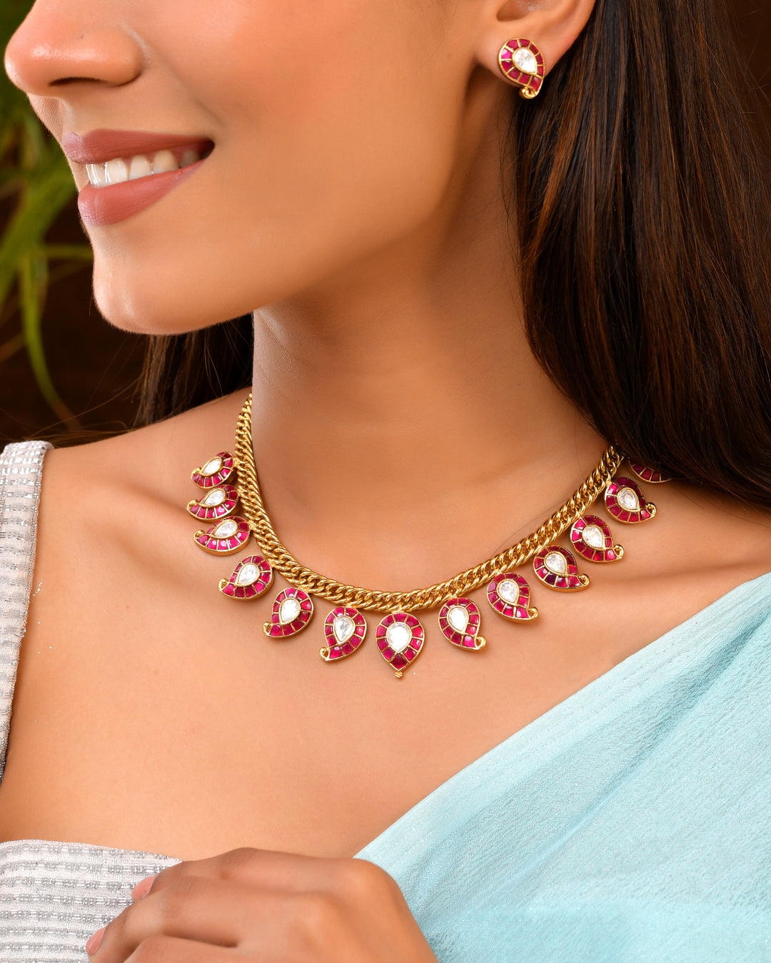 Magenta Drop Necklace Set with Mirror Finish