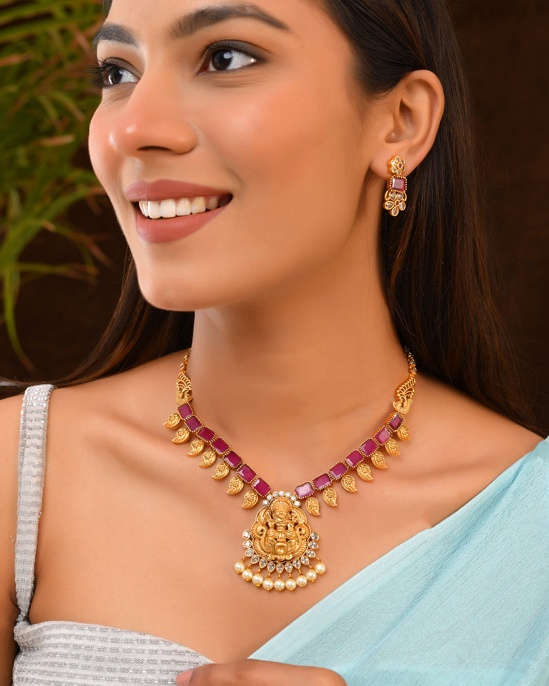 Magenta Enamel Temple Necklace Set with Goddess Pendant