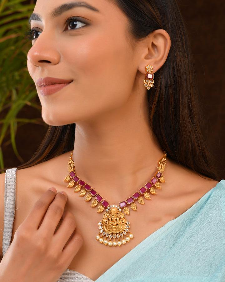 Magenta Enamel Temple Necklace Set with Goddess Pendant