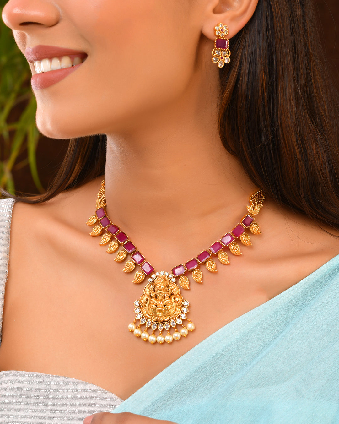 Magenta Enamel Temple Necklace Set with Goddess Pendant