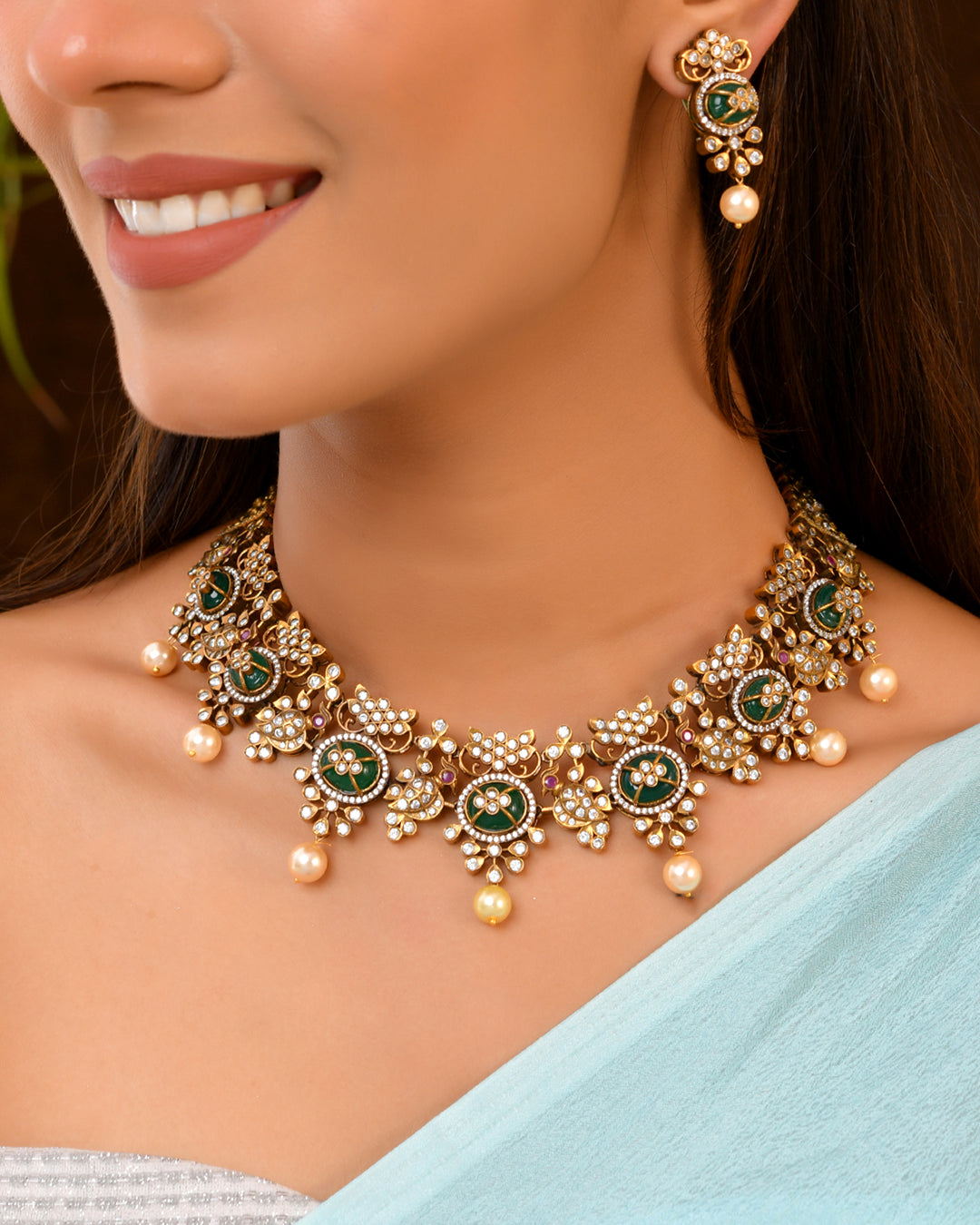 Green Enamel Bridal Set with Pearl Drops