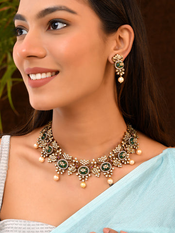 Green Enamel Bridal Set with Pearl Drops