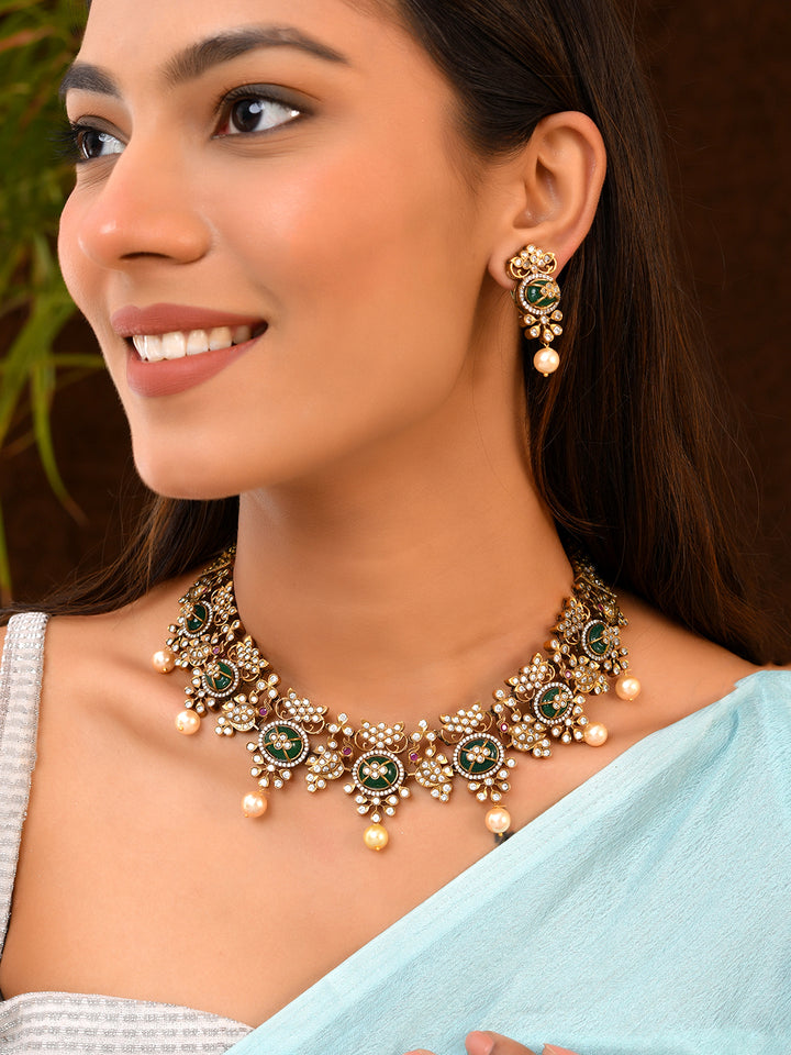 Green Enamel Bridal Set with Pearl Drops