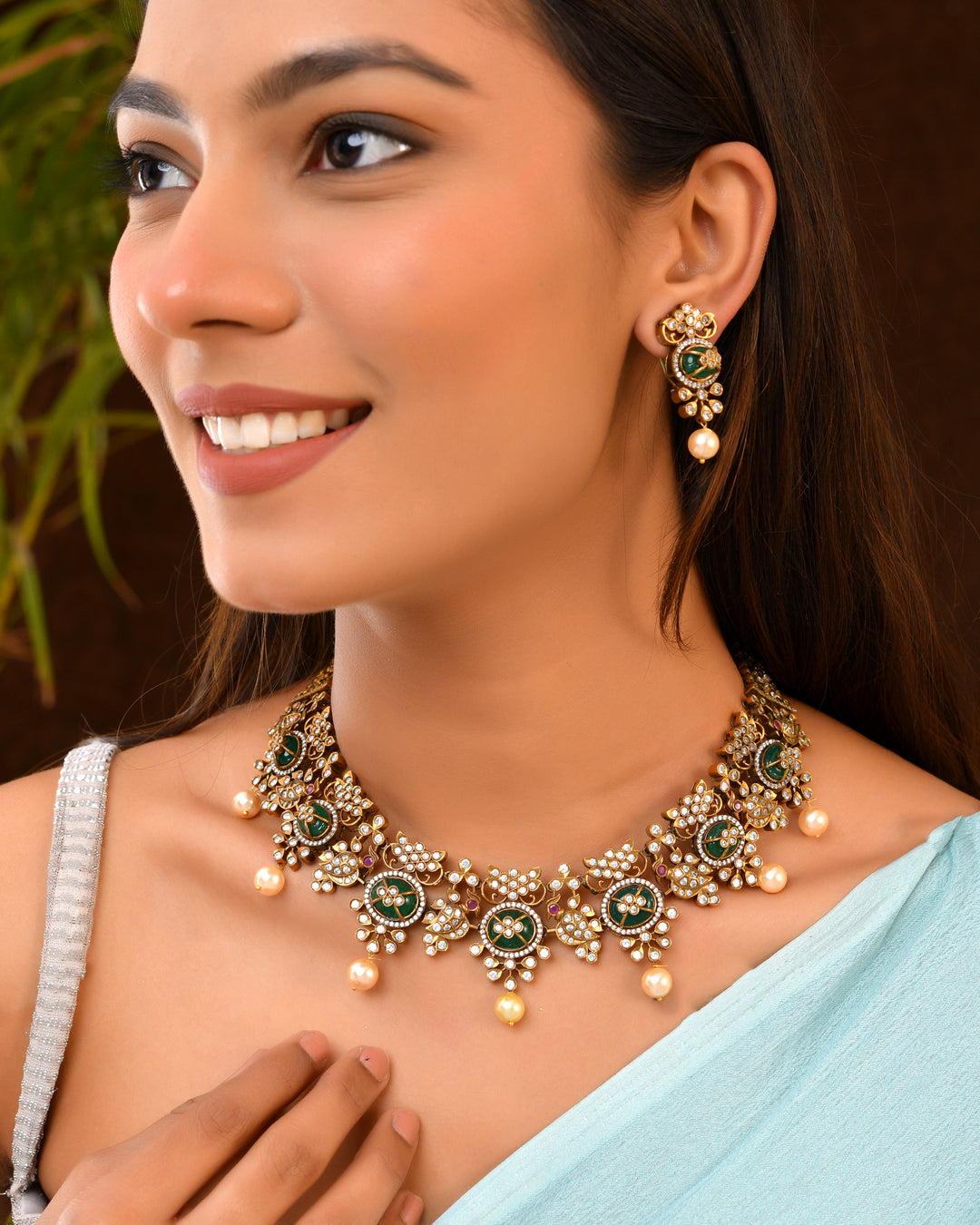 Green Enamel Bridal Set with Pearl Drops