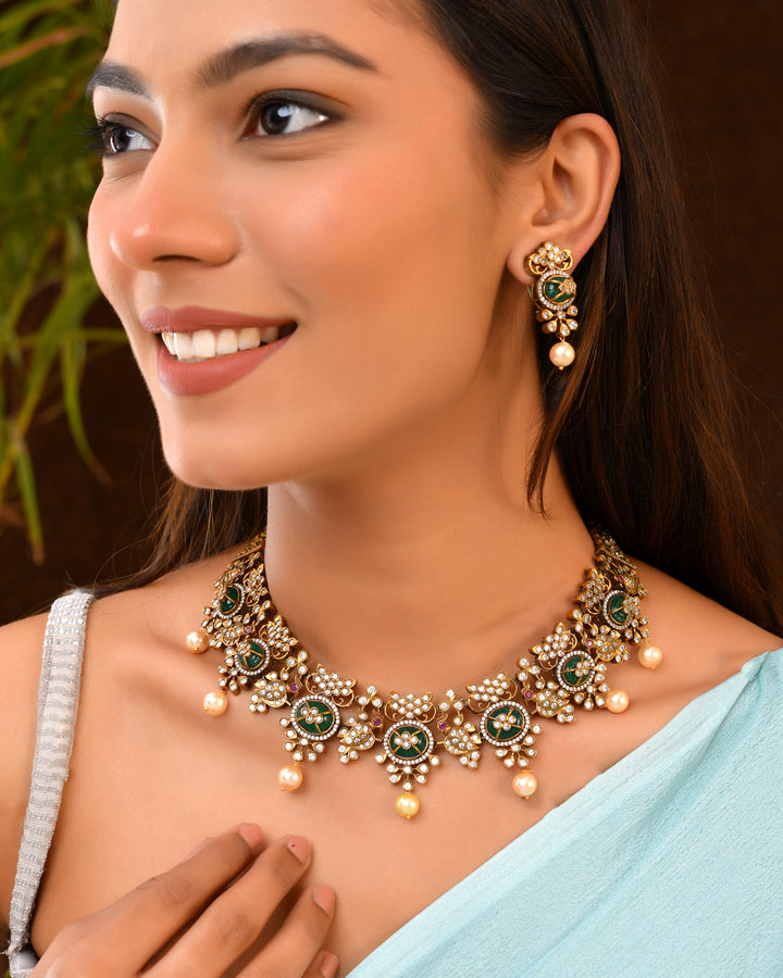 Green Enamel Bridal Set with Pearl Drops