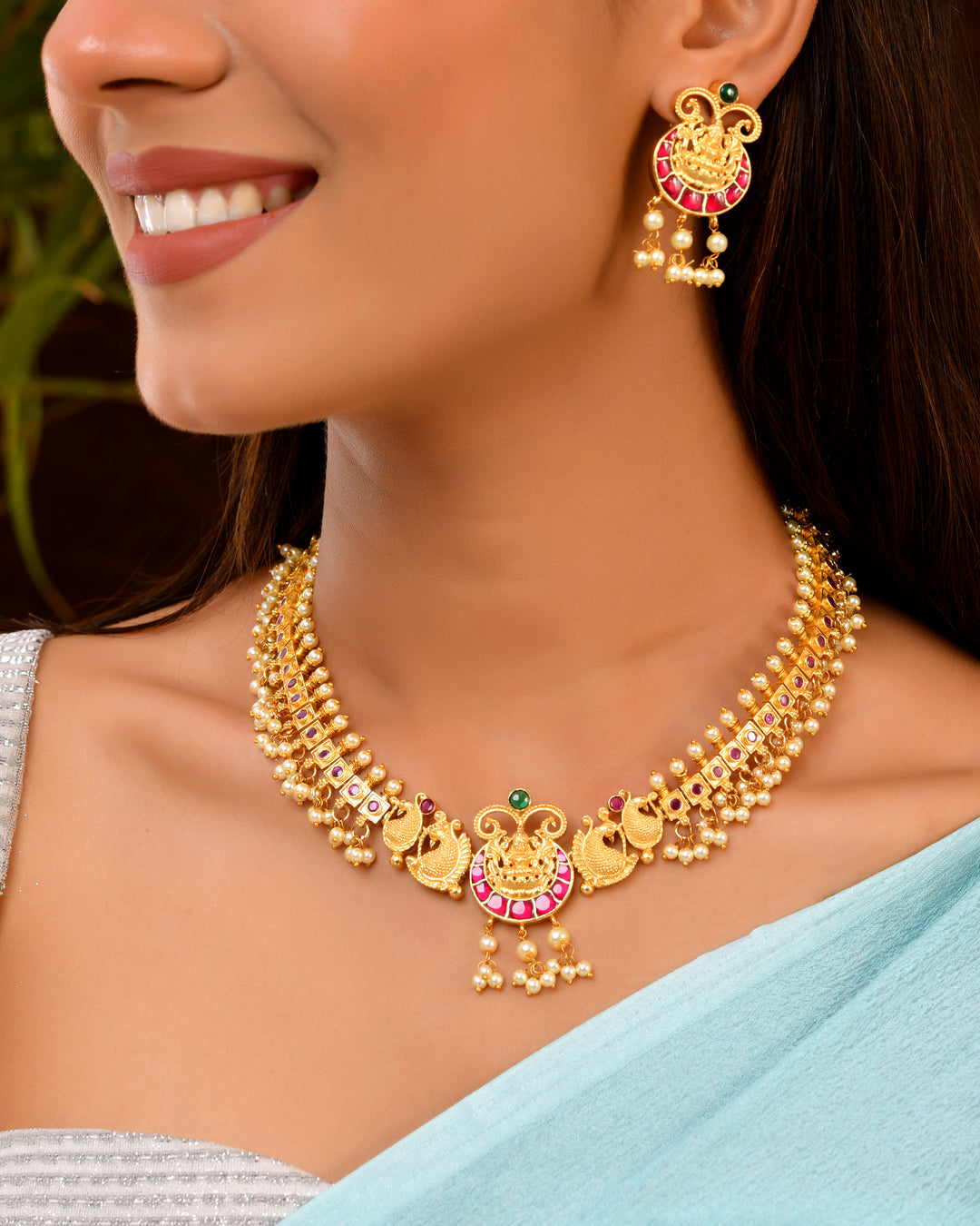 Temple Motif Necklace Set with Pink Enamel