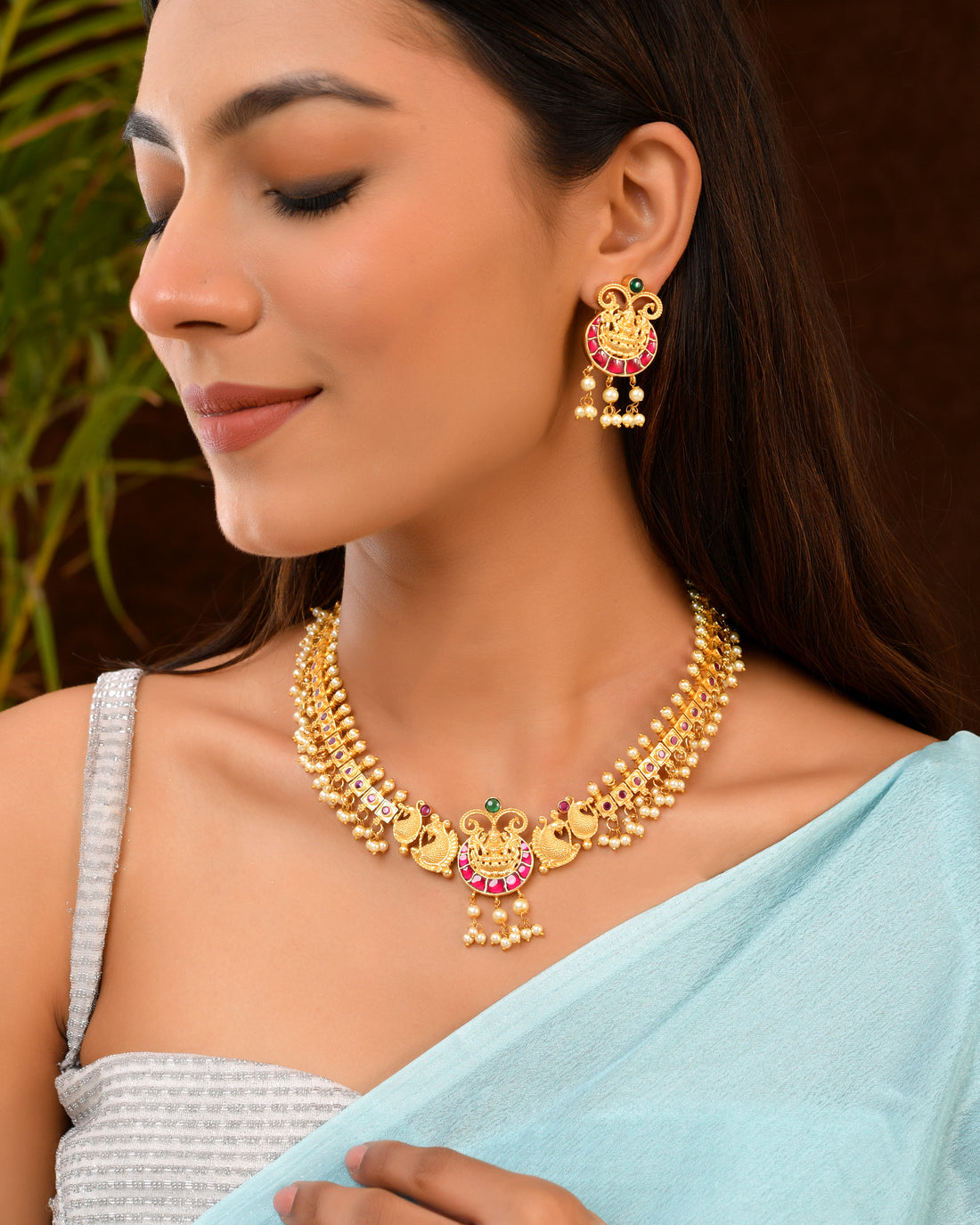 Temple Motif Necklace Set with Pink Enamel