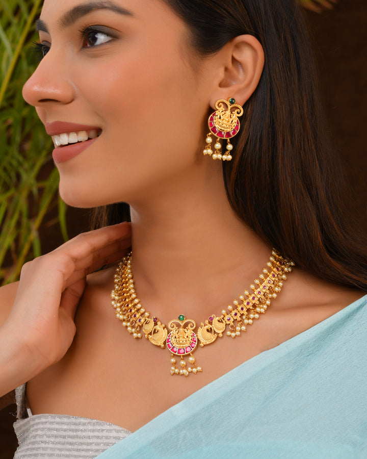 Temple Motif Necklace Set with Pink Enamel