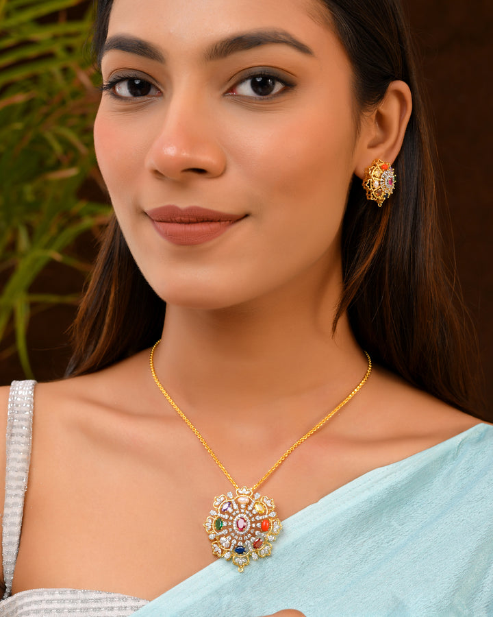 Statement Navratna Pendant Set with Crystal Highlights