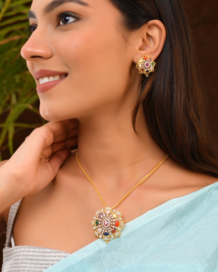 Statement Navratna Pendant Set with Crystal Highlights