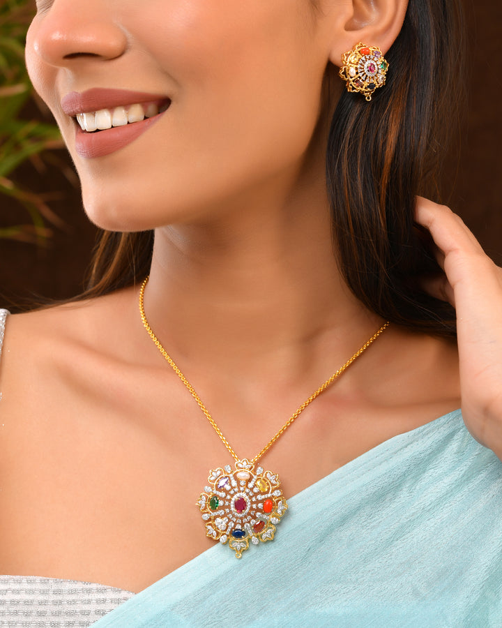 Statement Navratna Pendant Set with Crystal Highlights