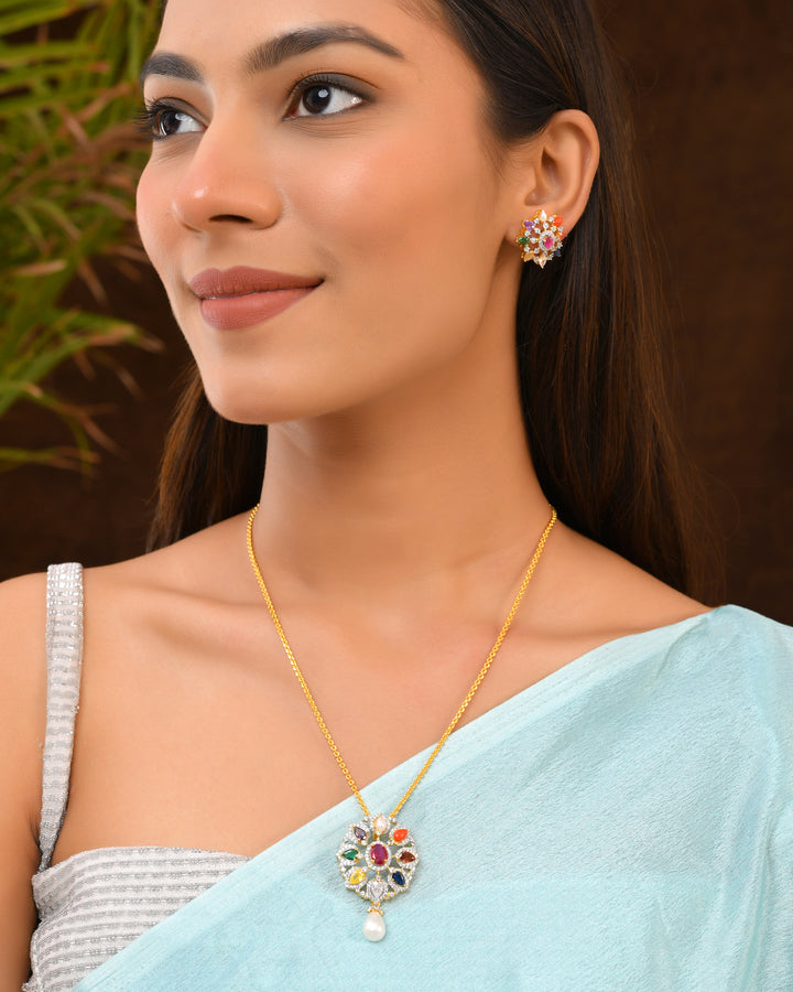 Navratna Pendant Set with Pearl Drop Finish