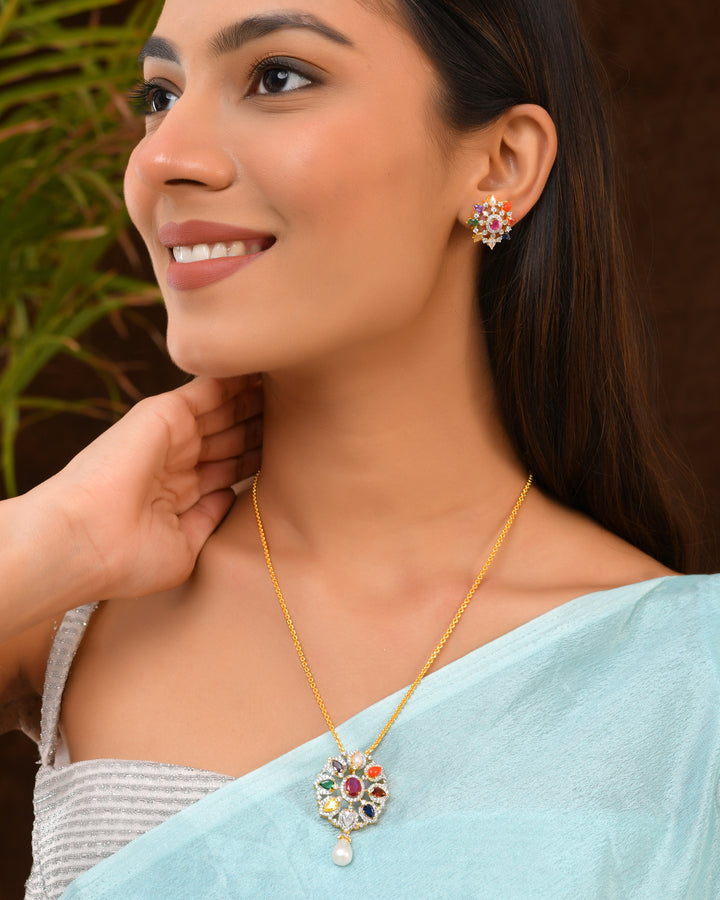 Navratna Pendant Set with Pearl Drop Finish