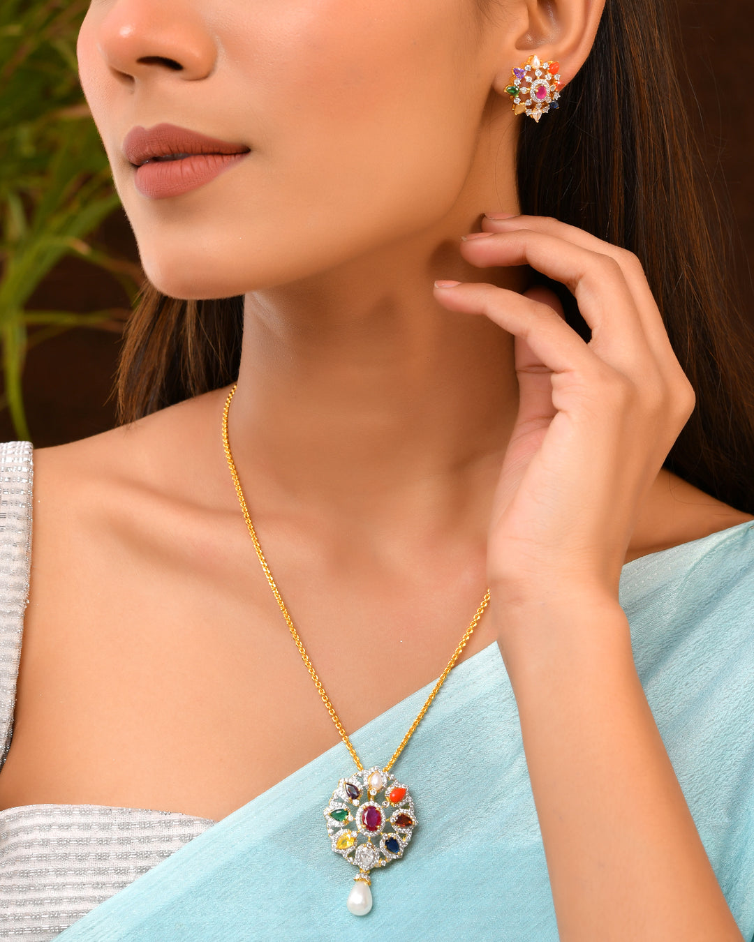 Navratna Pendant Set with Pearl Drop Finish