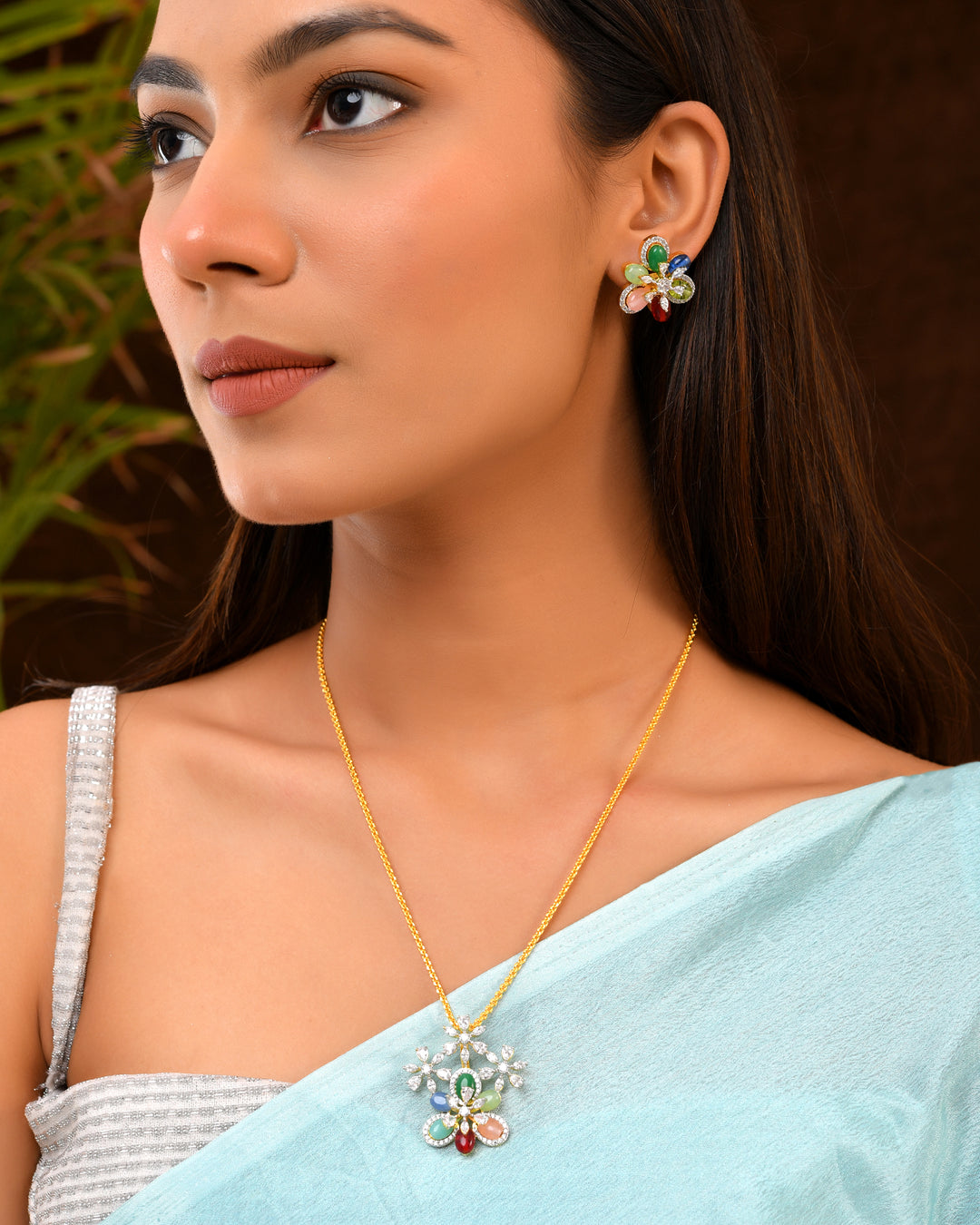 Multicolor Floral Pendant with Crystal Petal Design