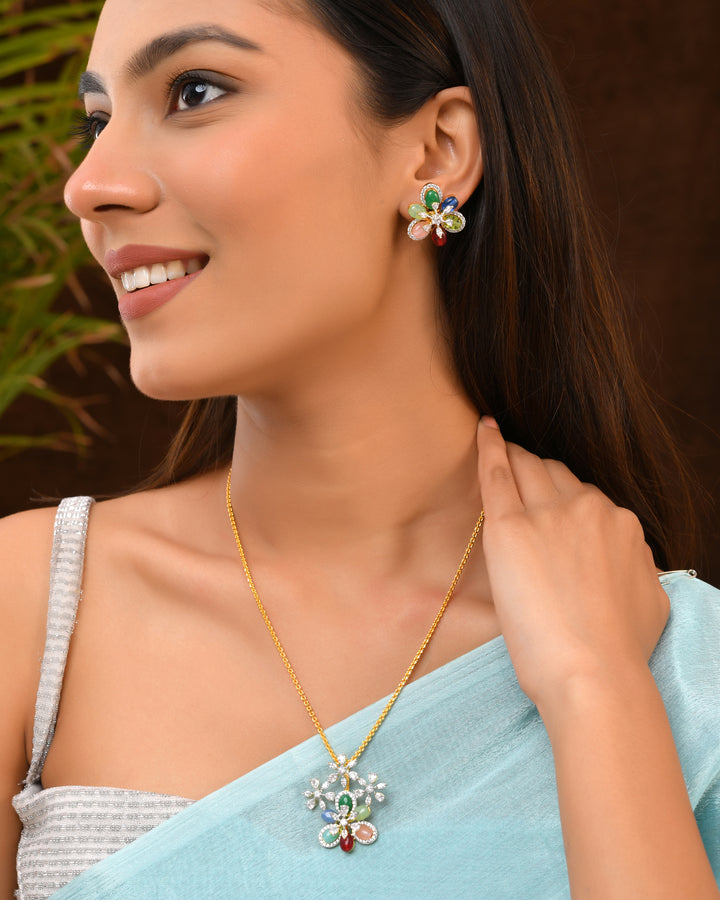 Multicolor Floral Pendant with Crystal Petal Design