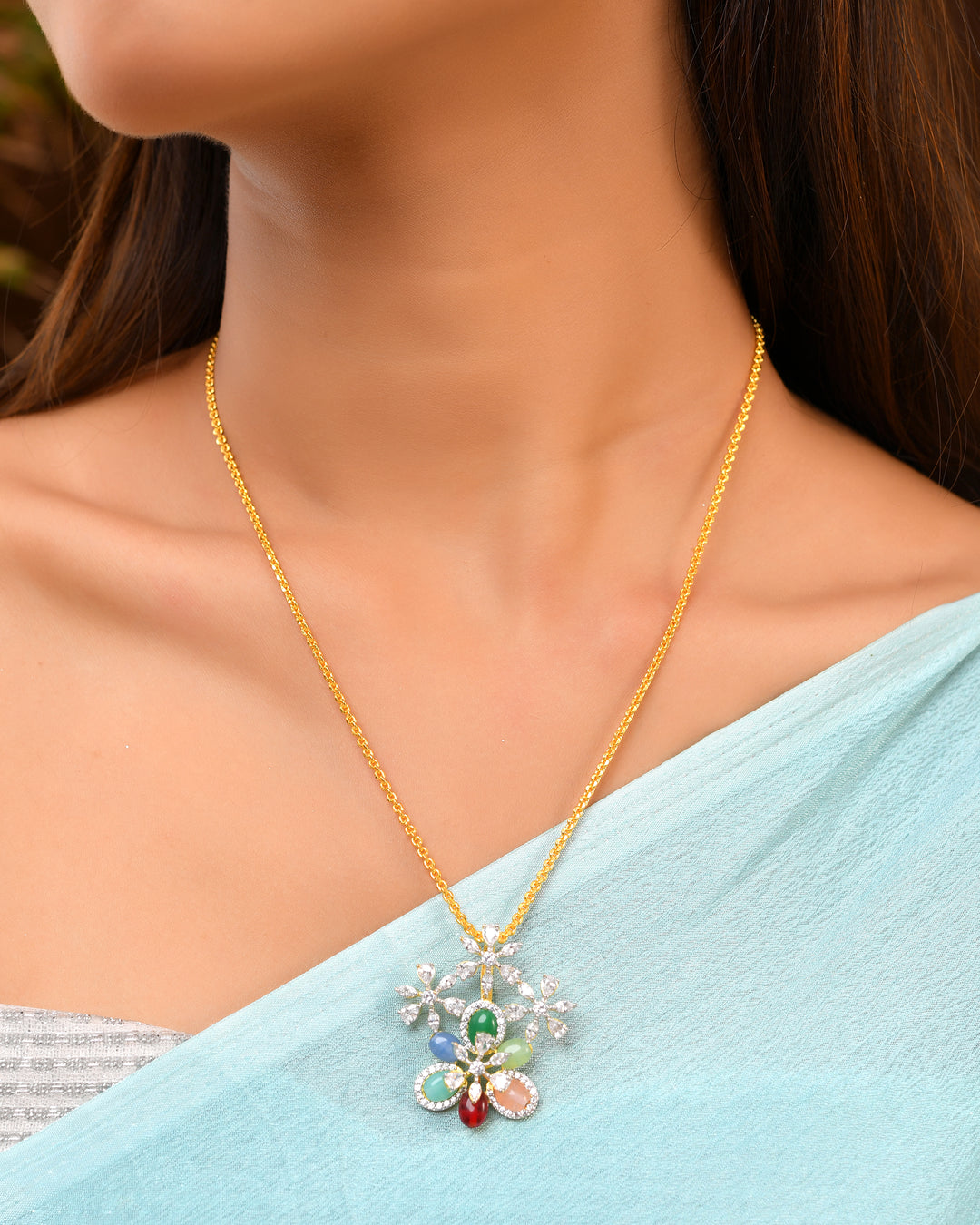 Multicolor Floral Pendant with Crystal Petal Design