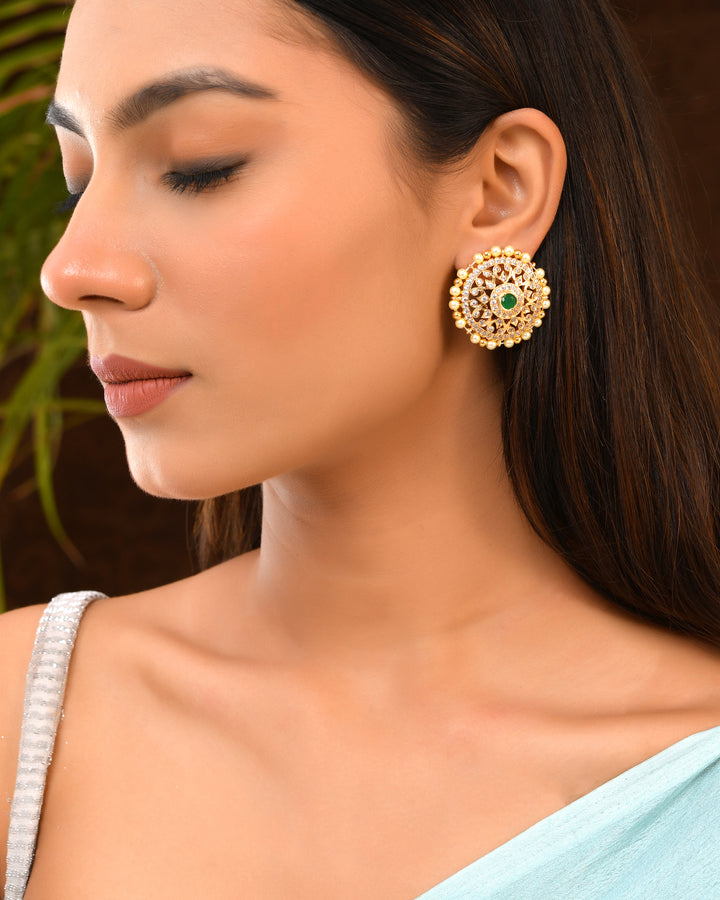 Emerald Pearl Halo Kundan Floral Studs