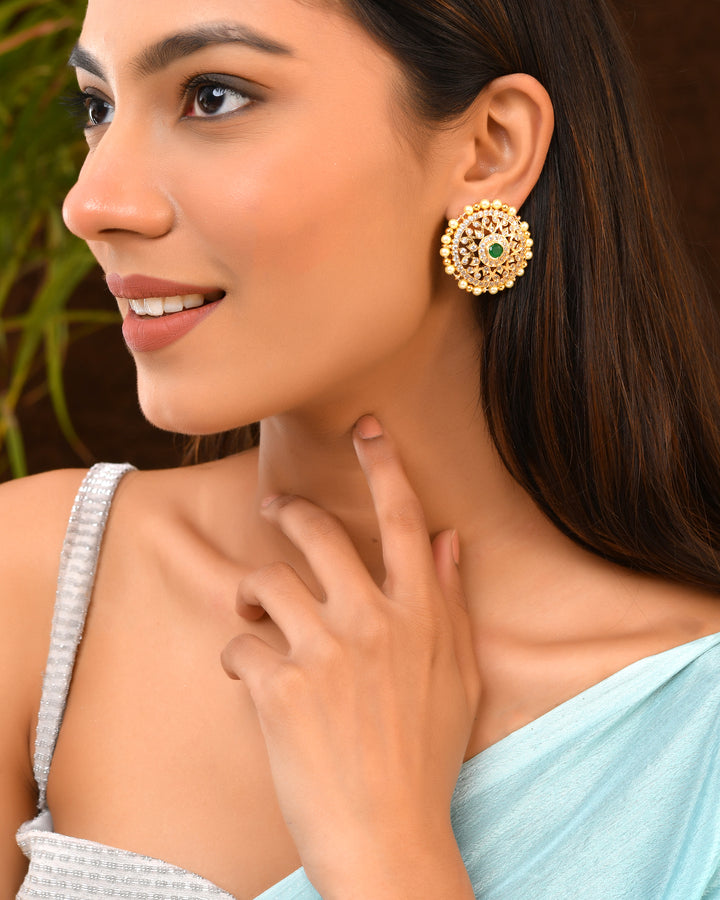Emerald Pearl Halo Kundan Floral Studs