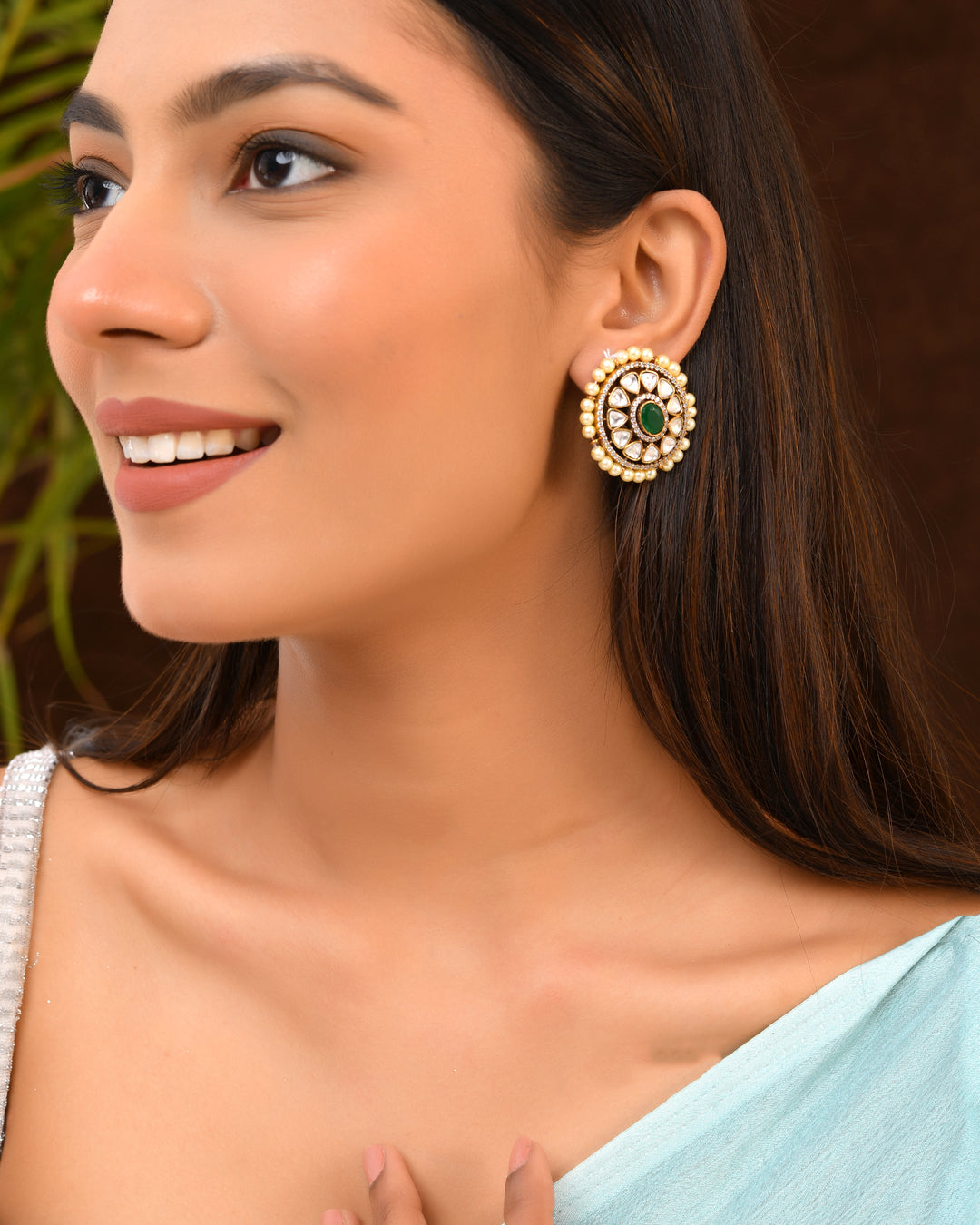 Round Kundan Studs with Green Center & Pearls