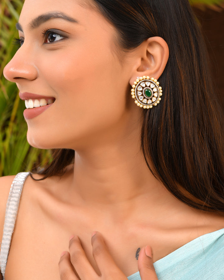 Round Kundan Studs with Green Center & Pearls