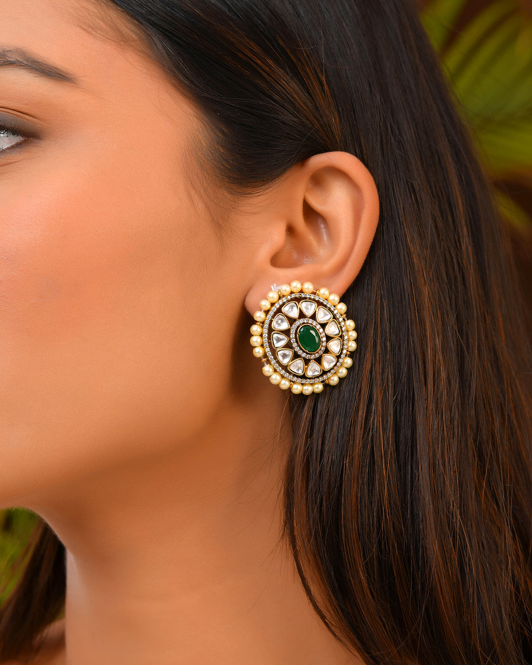 Round Kundan Studs with Green Center & Pearls