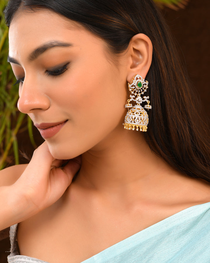 Royal Noor – Green & White CZ Jhumkas in GJ Finish