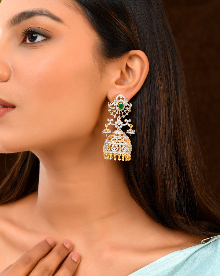 Royal Noor – Green & White CZ Jhumkas in GJ Finish