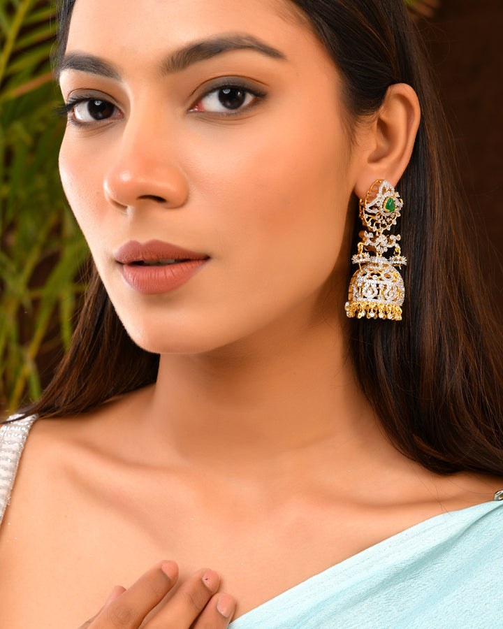 Royal Noor – Green & White CZ Jhumkas in GJ Finish