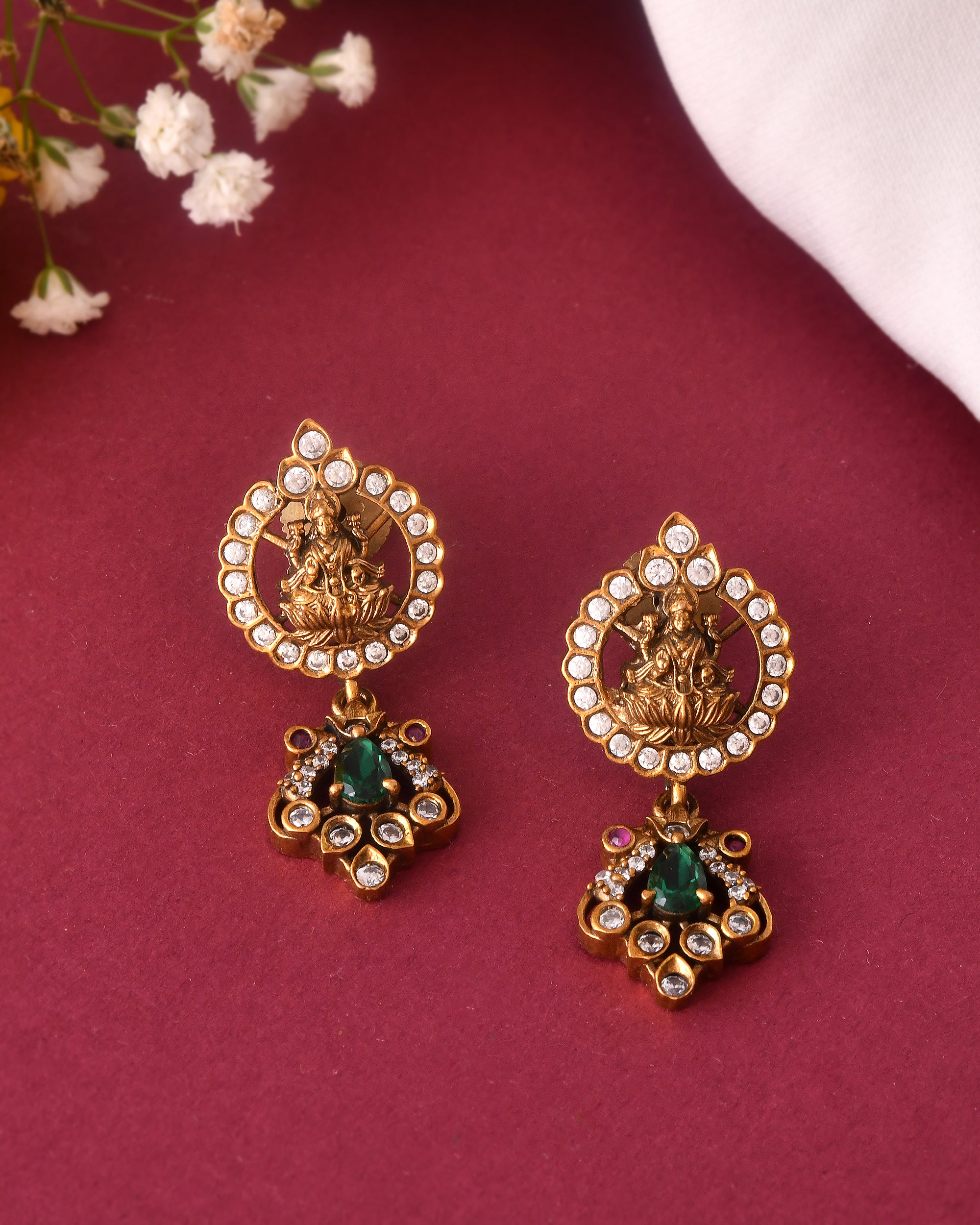 Temple Design Necklace Set with Navratna Stones