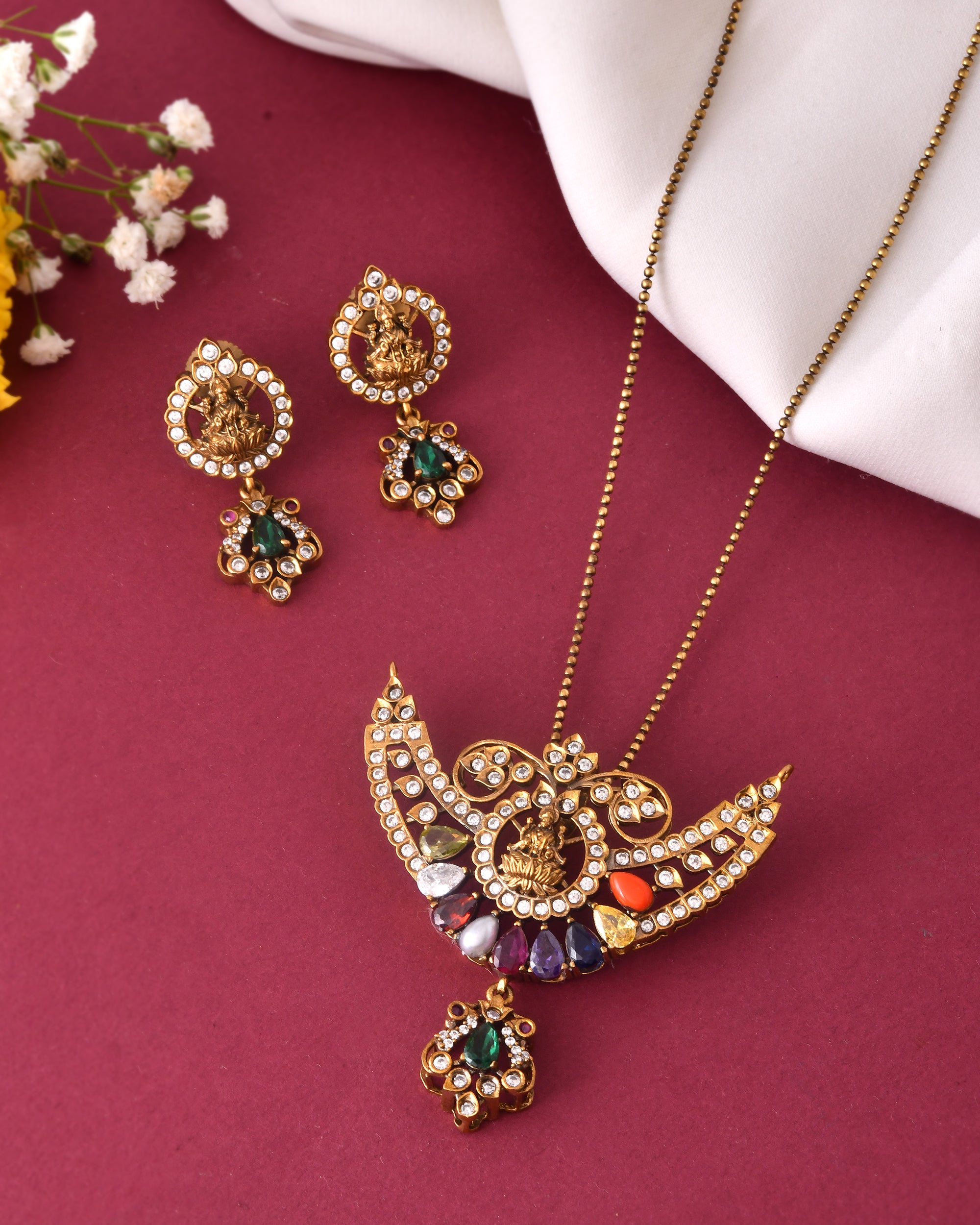 Temple Design Necklace Set with Navratna Stones